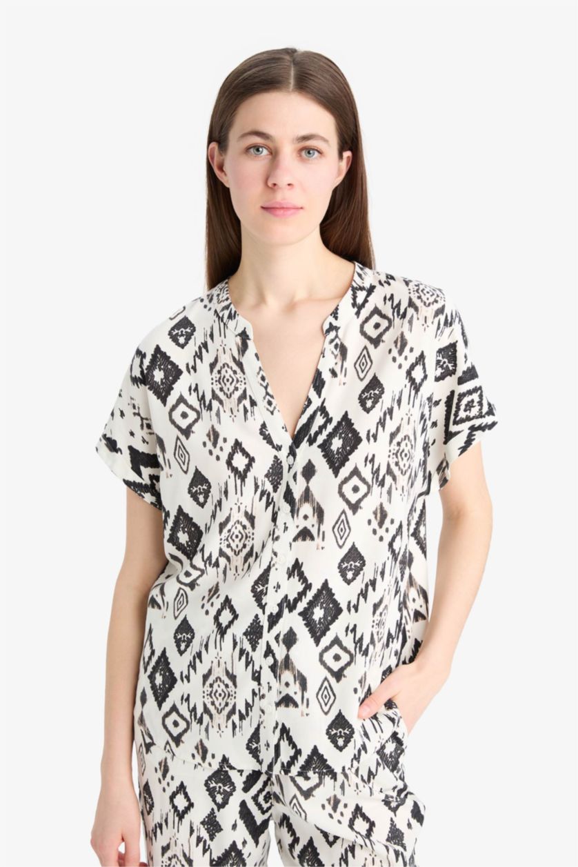 WOMAN Beige Regular Fit Crew Neck Printed Short Sleeve Shirt