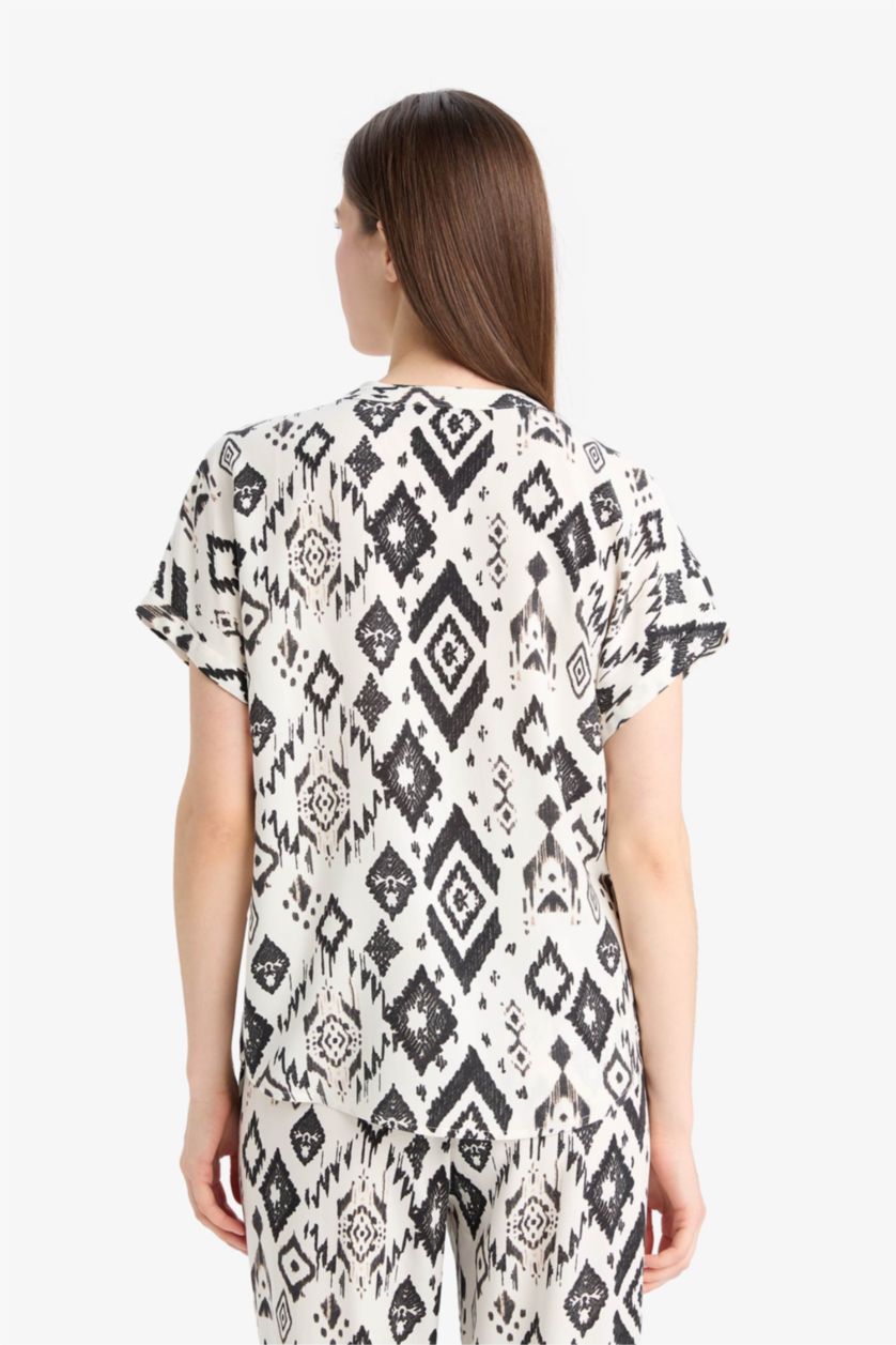 WOMAN Beige Regular Fit Crew Neck Printed Short Sleeve Shirt