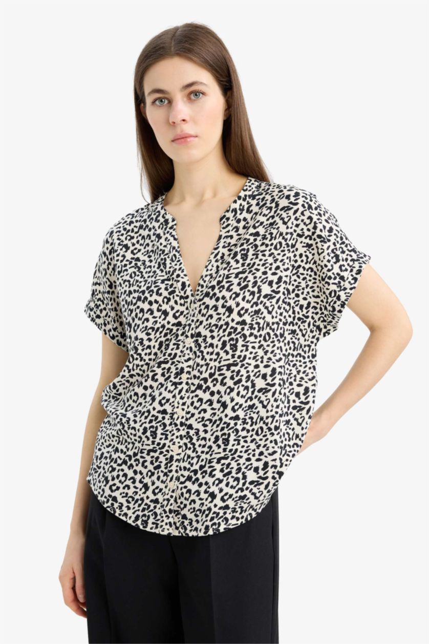 WOMAN Ecru Regular Fit Crew Neck Printed Short Sleeve Shirt
