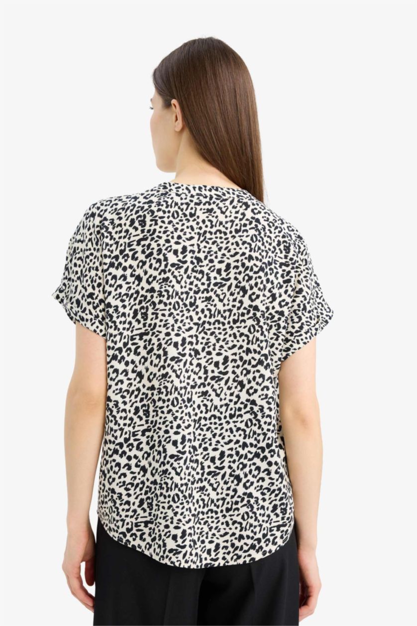 WOMAN Ecru Regular Fit Crew Neck Printed Short Sleeve Shirt