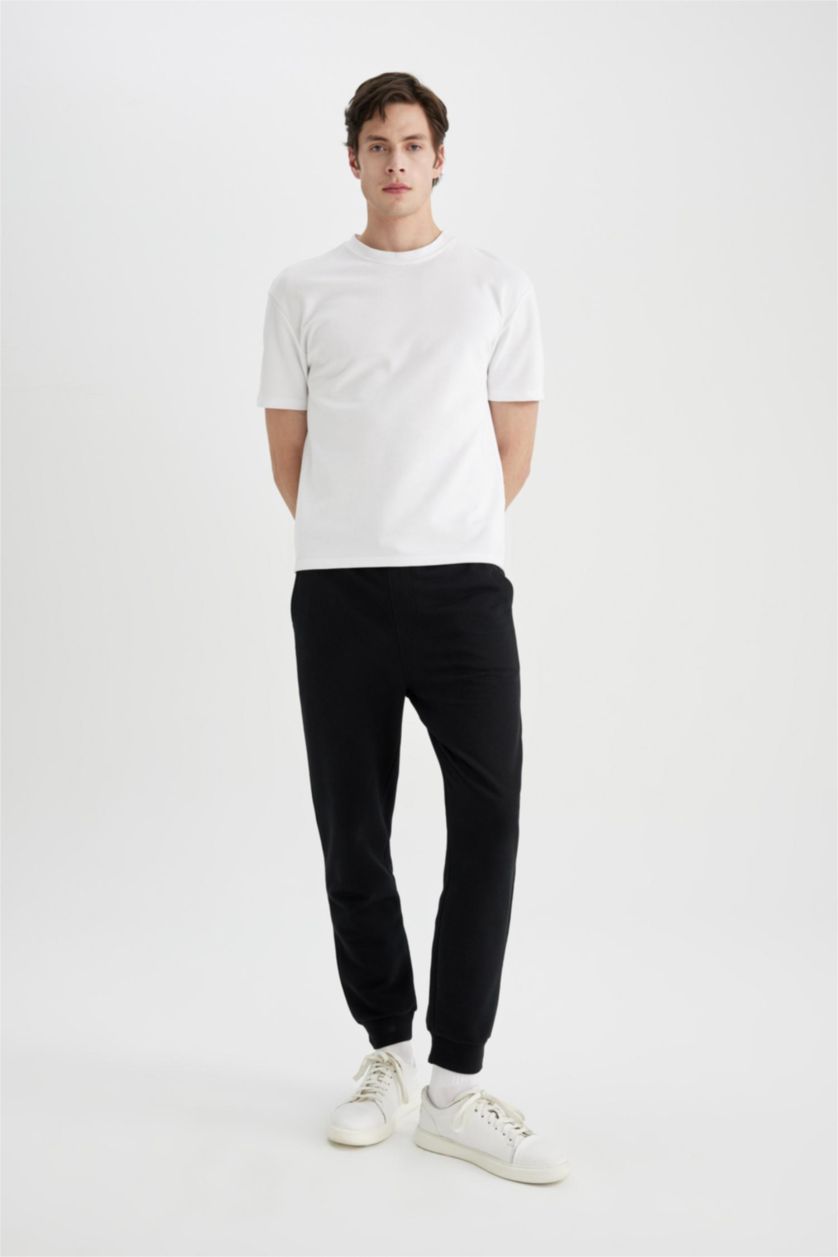 MAN Black Slim Fit Rib Hem Pique Trousers