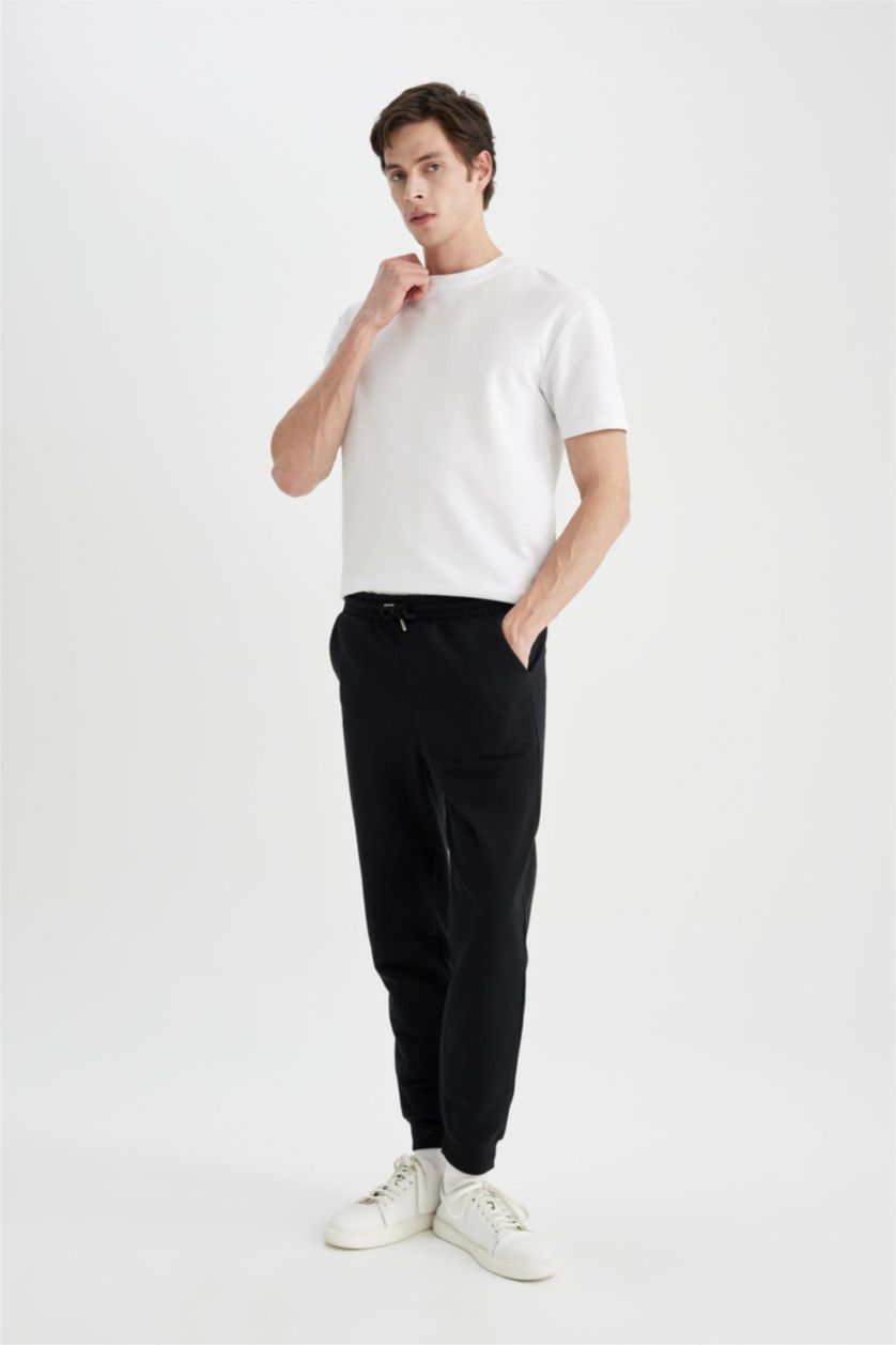 MAN Black Slim Fit Rib Hem Pique Trousers