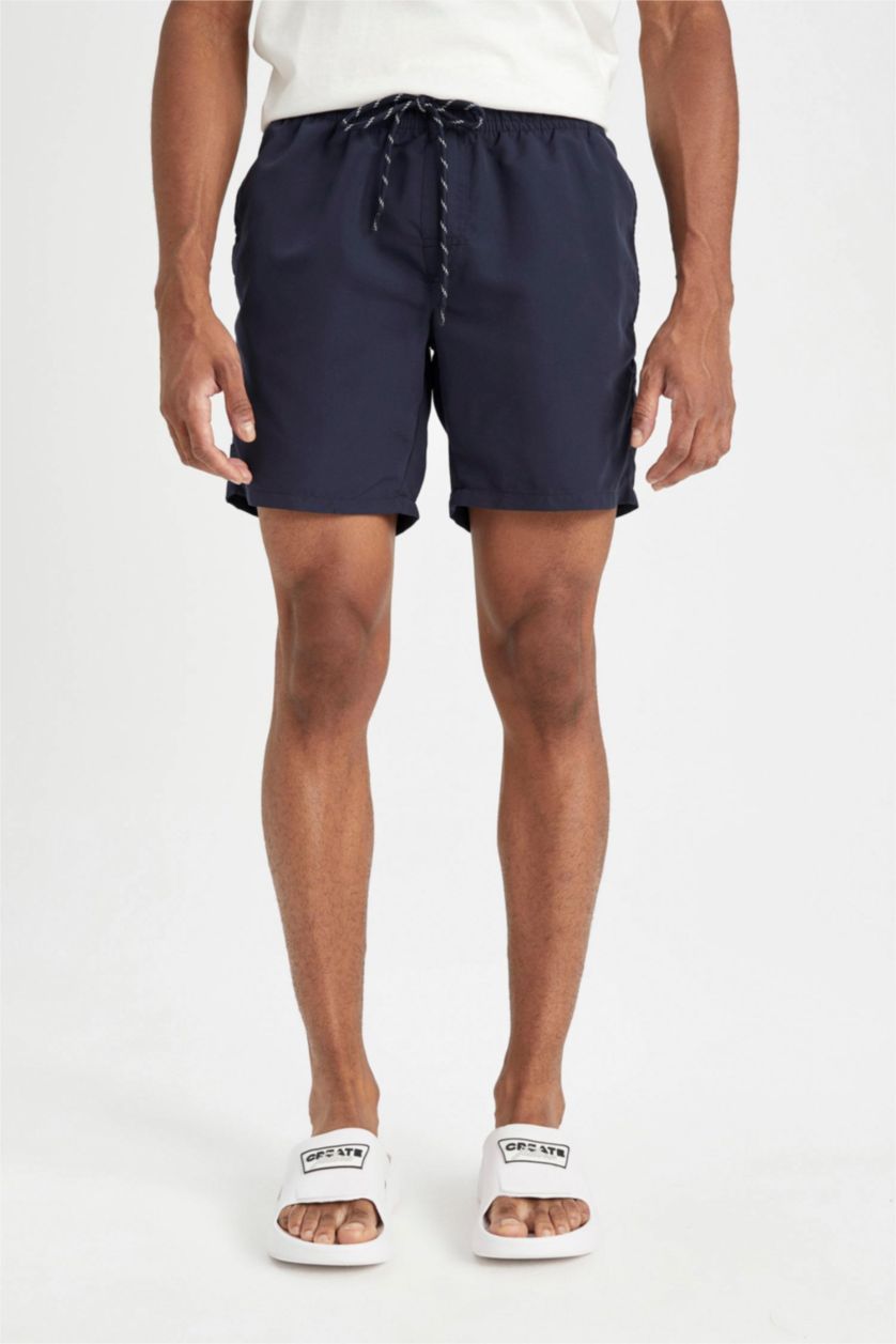 Erkek İndigo File Astarlı Kısa Boy Deniz Şortu