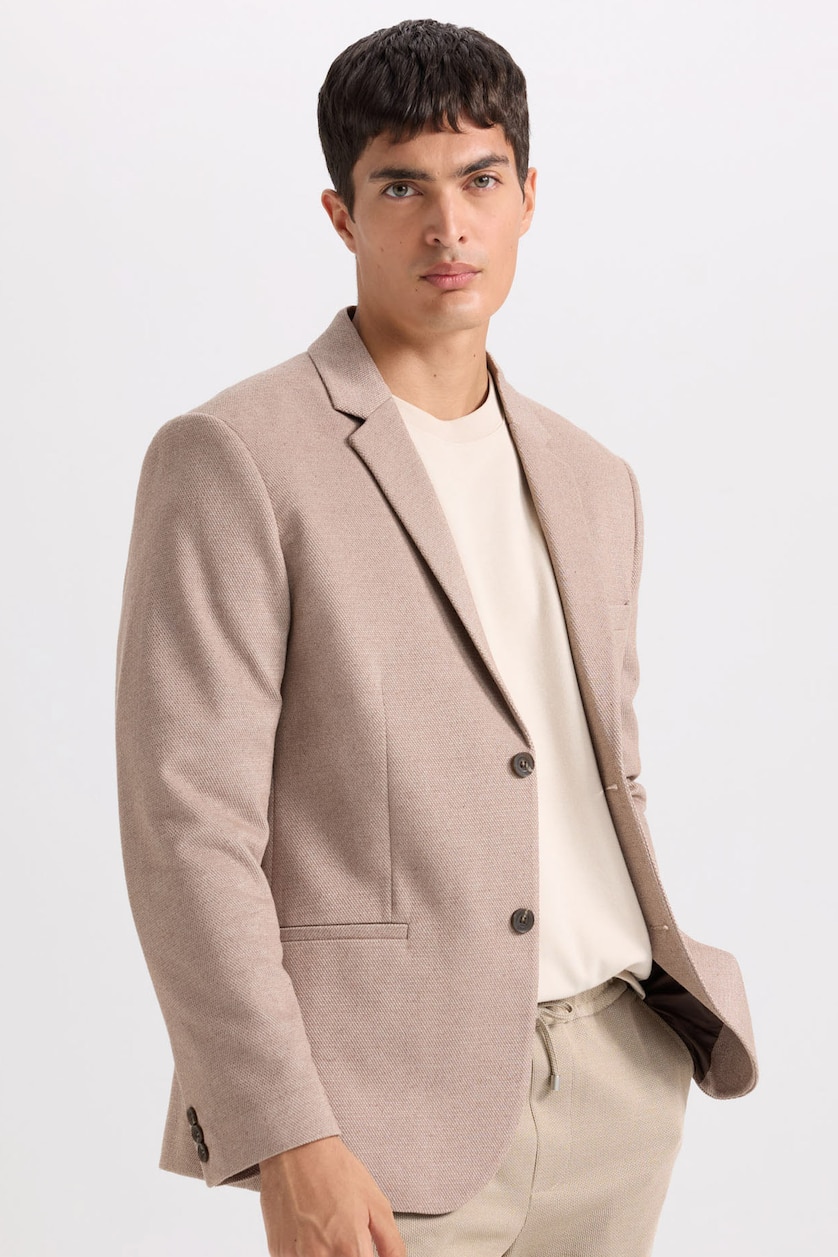 Erkek Vizon Melanj Slım Fıt Blazer Ceket