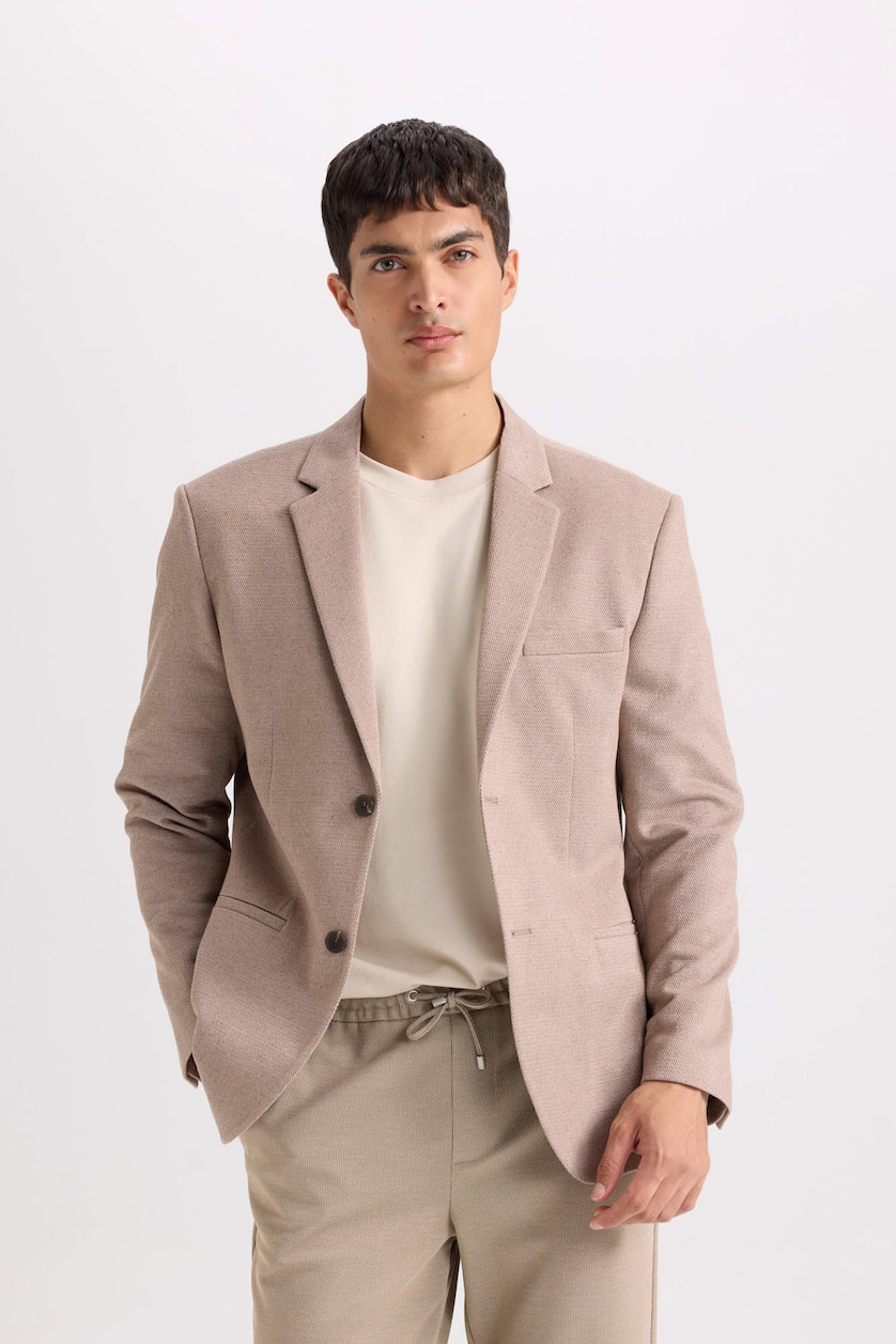 Erkek Vizon Melanj Slım Fıt Blazer Ceket