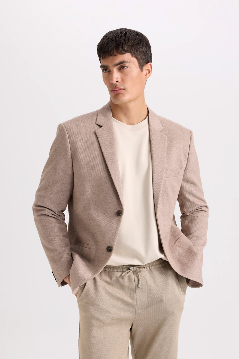 Erkek Vizon Melanj Slım Fıt Blazer Ceket