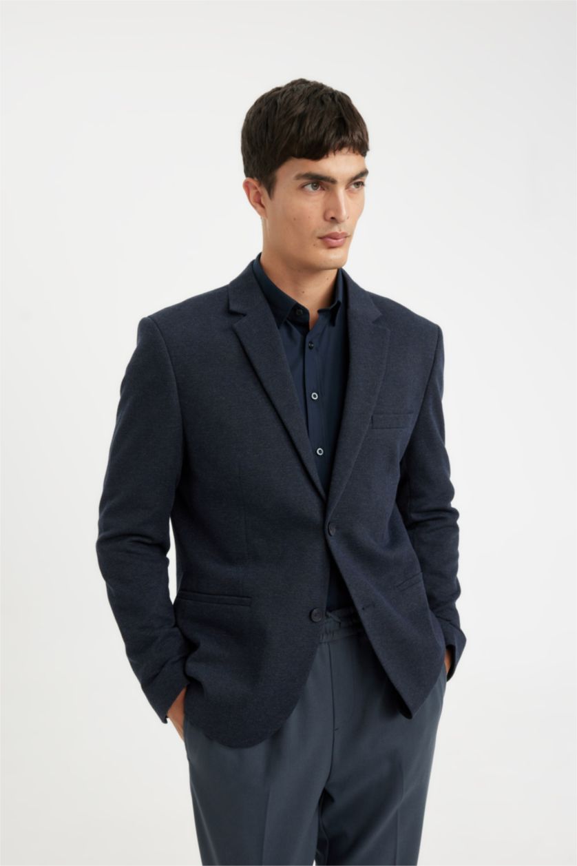 Erkek Lacivert Melanj Slim Fit Dar Kesim Astarlı Düğmeli Blazer Ceket