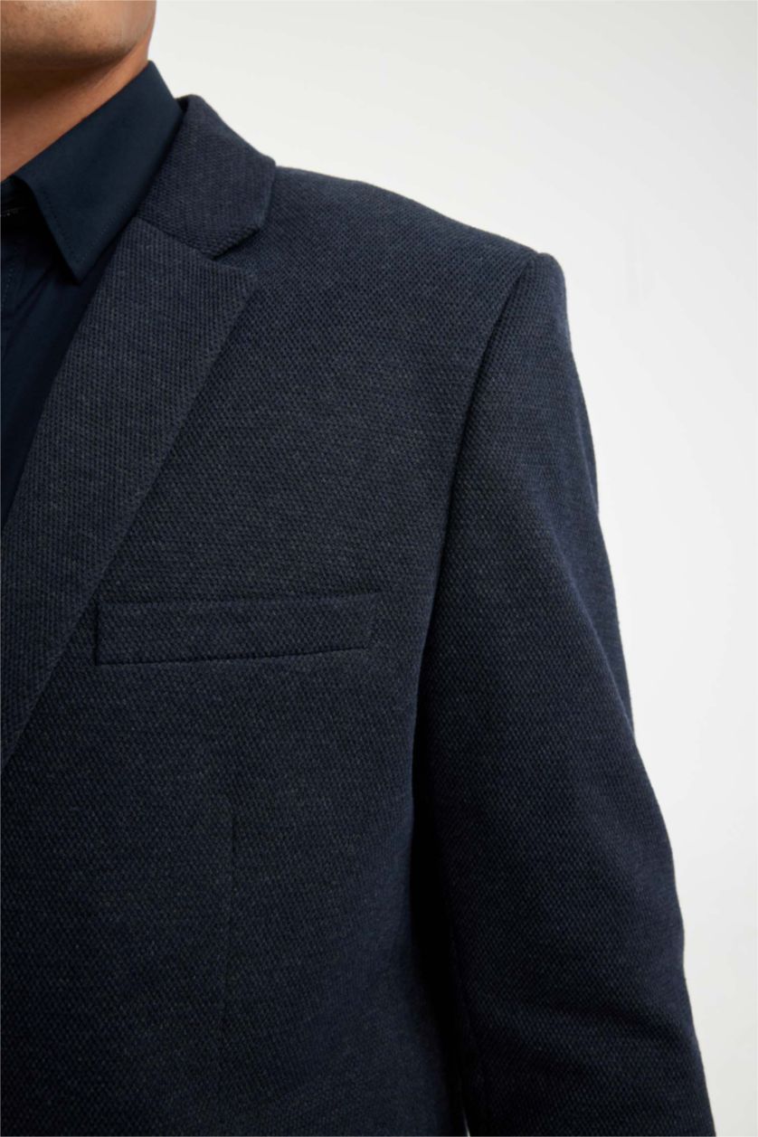 Erkek Lacivert Melanj Slim Fit Dar Kesim Astarlı Düğmeli Blazer Ceket