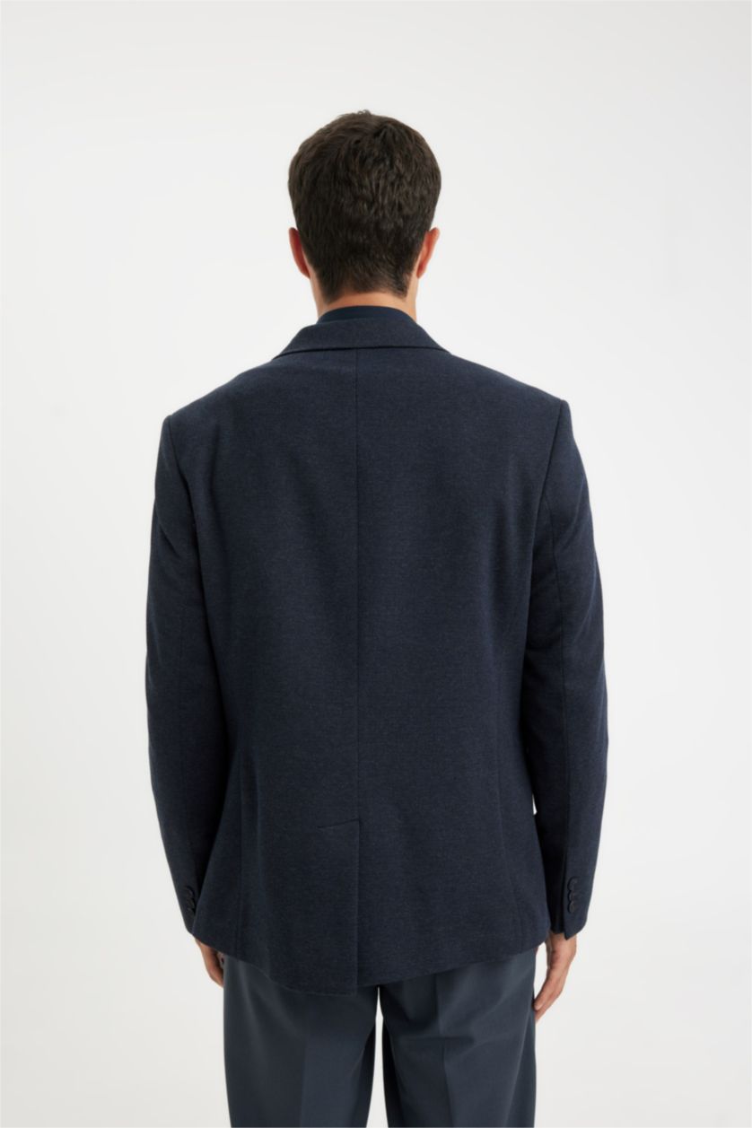 Erkek Lacivert Melanj Slim Fit Dar Kesim Astarlı Düğmeli Blazer Ceket