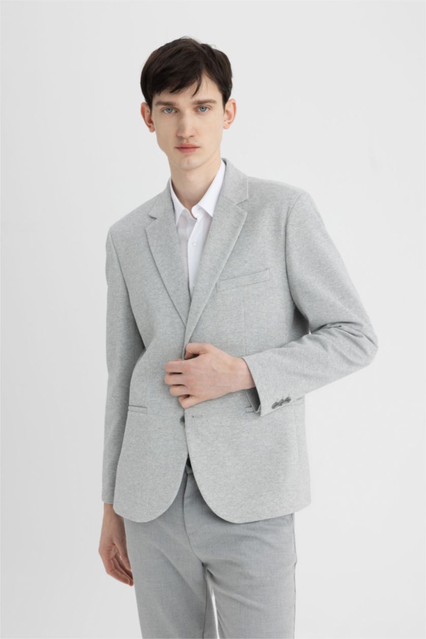 Man Grey Melange Slim Fit Textured Blazer
