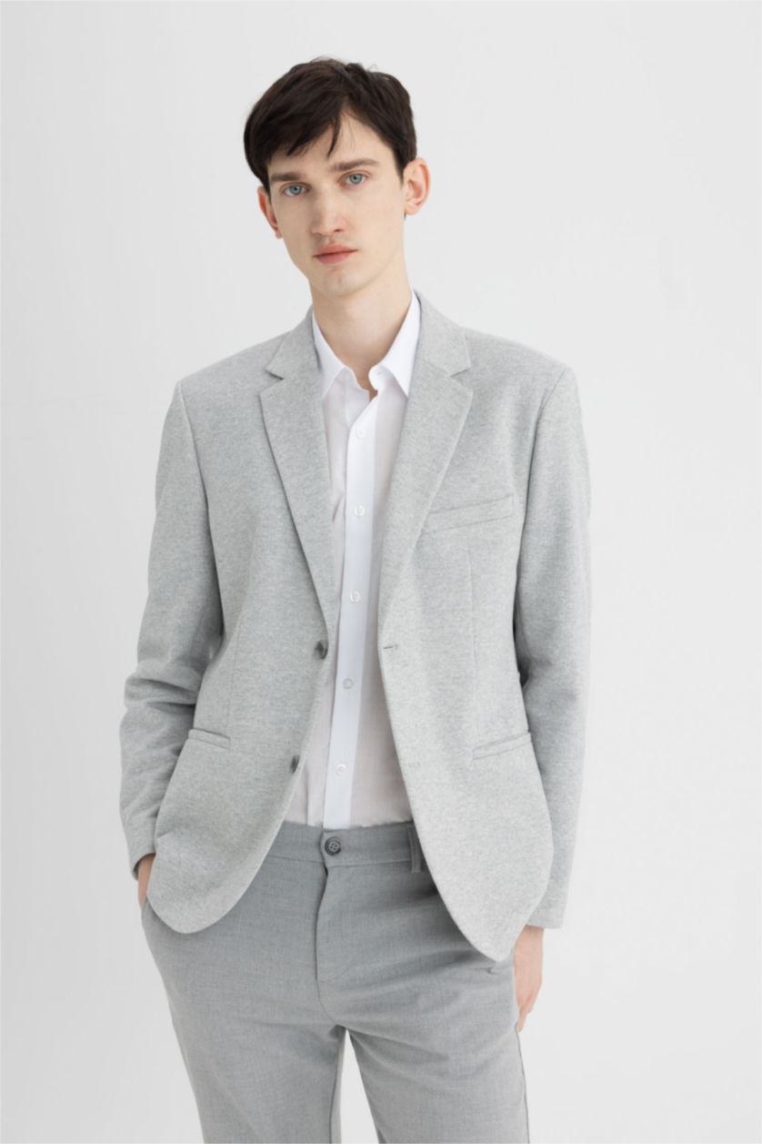 Man Grey Melange Slim Fit Textured Blazer
