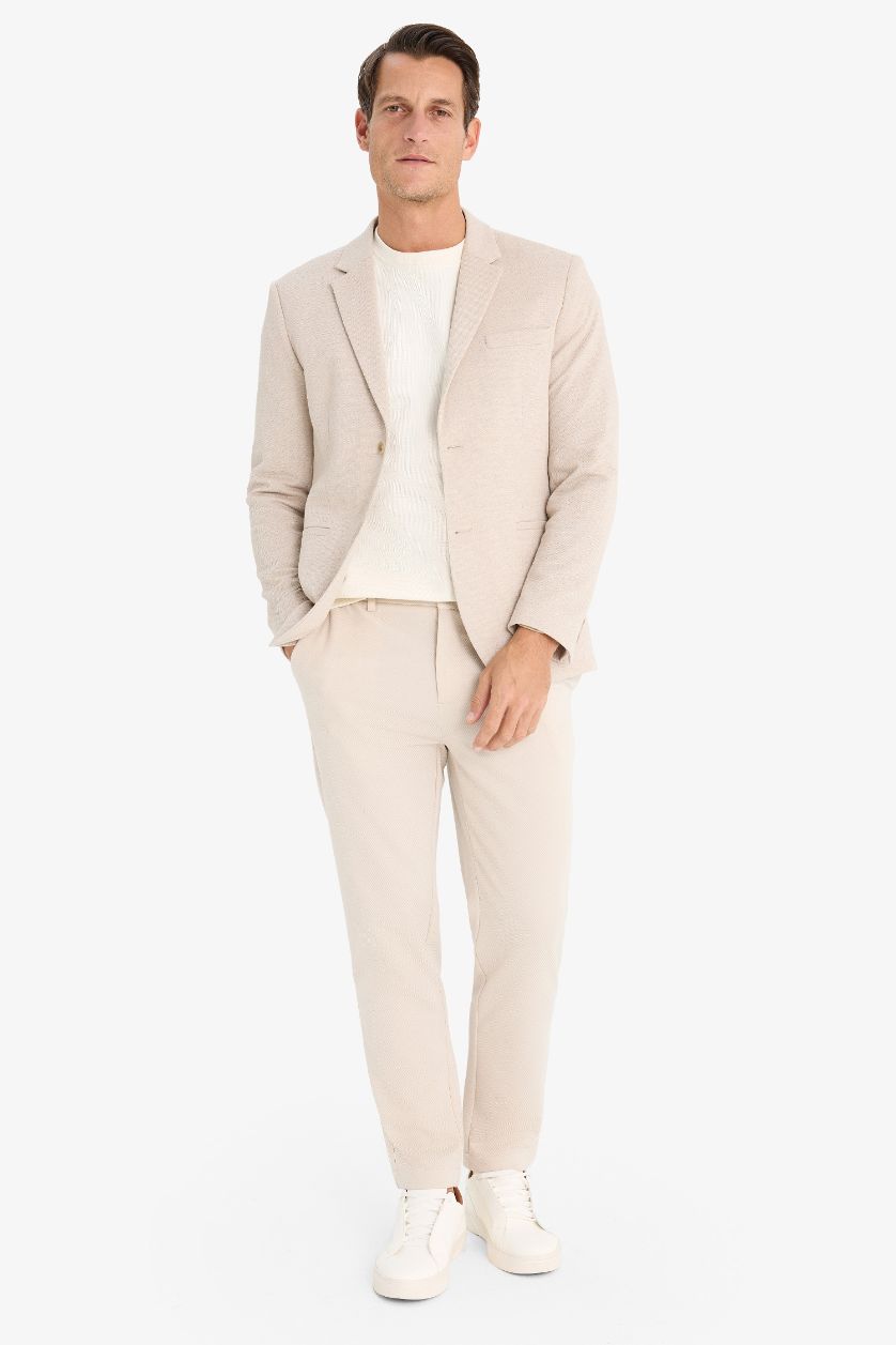 Erkek Bej Melanj Slim Fit Dar Kesim Astarlı Düğmeli Blazer Ceket