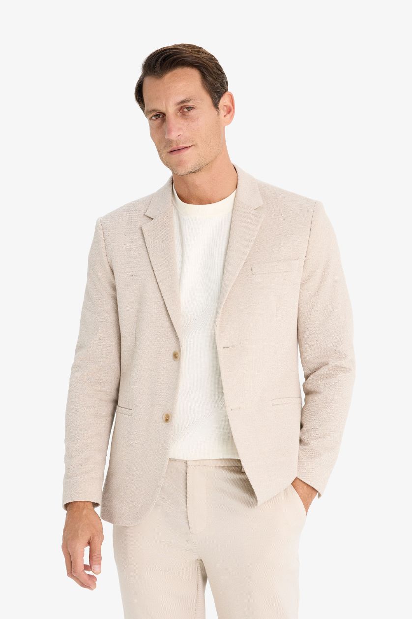 Erkek Bej Melanj Slim Fit Dar Kesim Astarlı Düğmeli Blazer Ceket