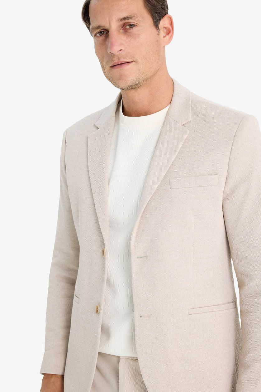 Erkek Bej Melanj Slim Fit Dar Kesim Astarlı Düğmeli Blazer Ceket