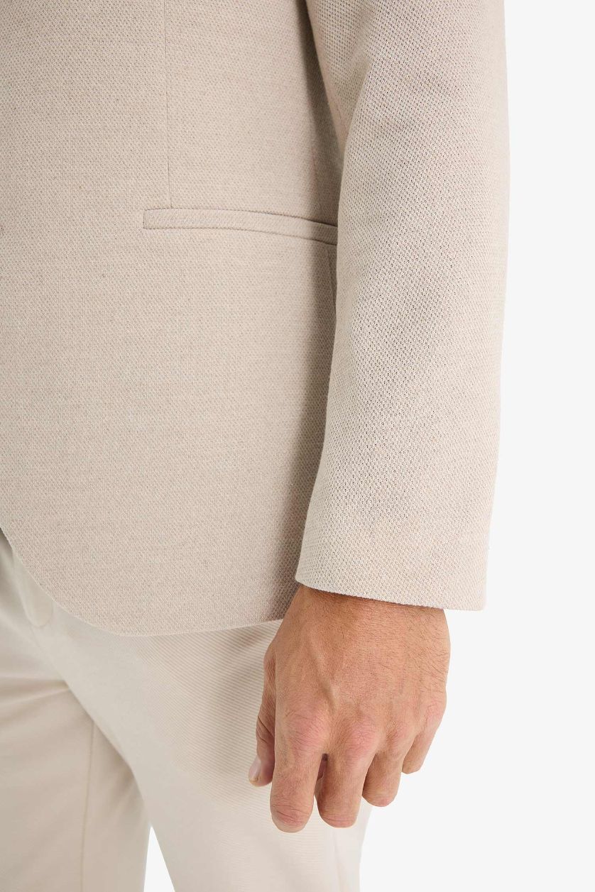 Erkek Bej Melanj Slim Fit Dar Kesim Astarlı Düğmeli Blazer Ceket