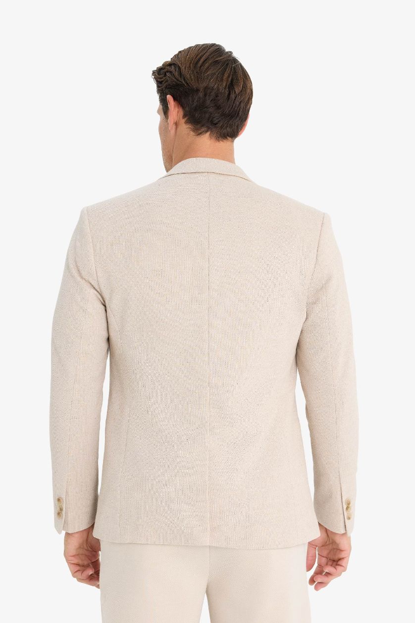 Erkek Bej Melanj Slim Fit Dar Kesim Astarlı Düğmeli Blazer Ceket