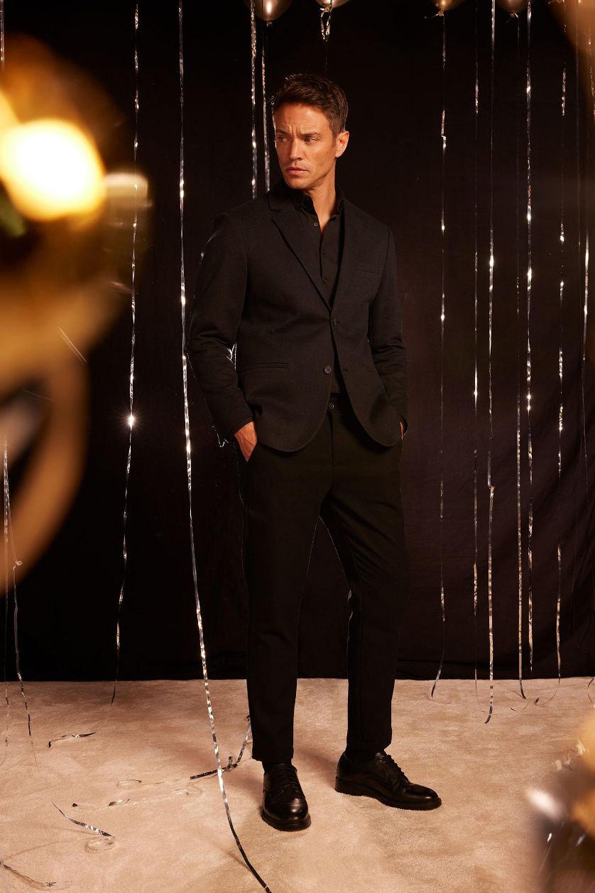 رجال أسود سترة بليزر سليم فيت مبطن