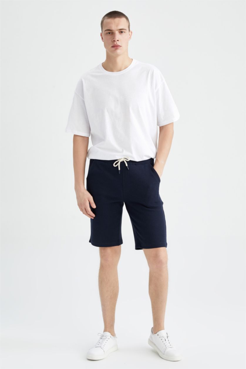 Erkek Lacivert Slim Fit Pamuklu Penye Şort