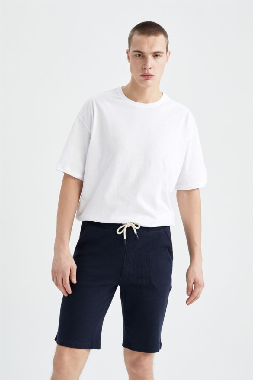 Erkek Lacivert Slim Fit Pamuklu Penye Şort