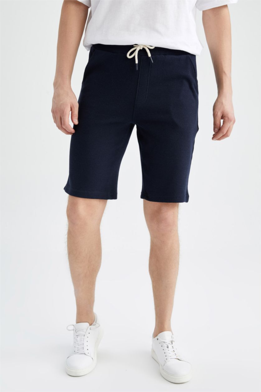 Erkek Lacivert Slim Fit Pamuklu Penye Şort