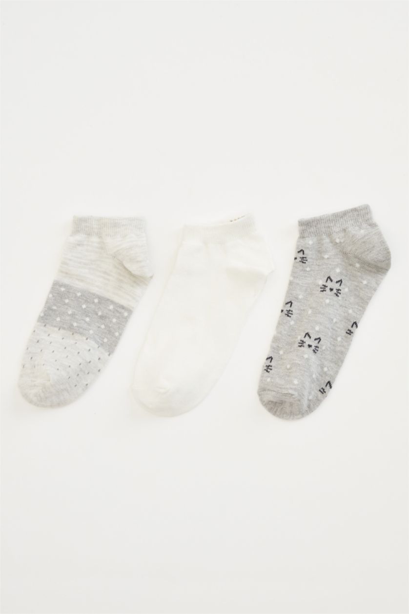 Kadın Açık Gri Kadın Desenli 3'lü Patik Çorap