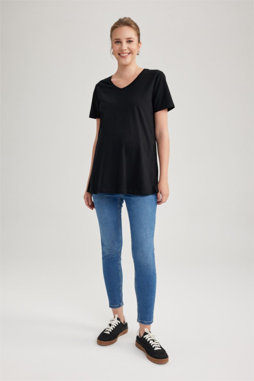 Kadın Siyah Regular Fit Kısa Kollu %100 Pamuk Hamile Tişört