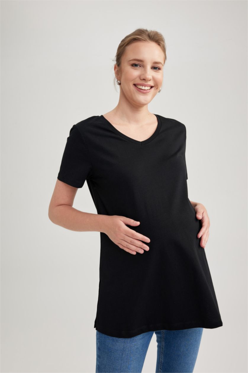 Kadın Siyah Regular Fit Kısa Kollu %100 Pamuk Hamile Tişört