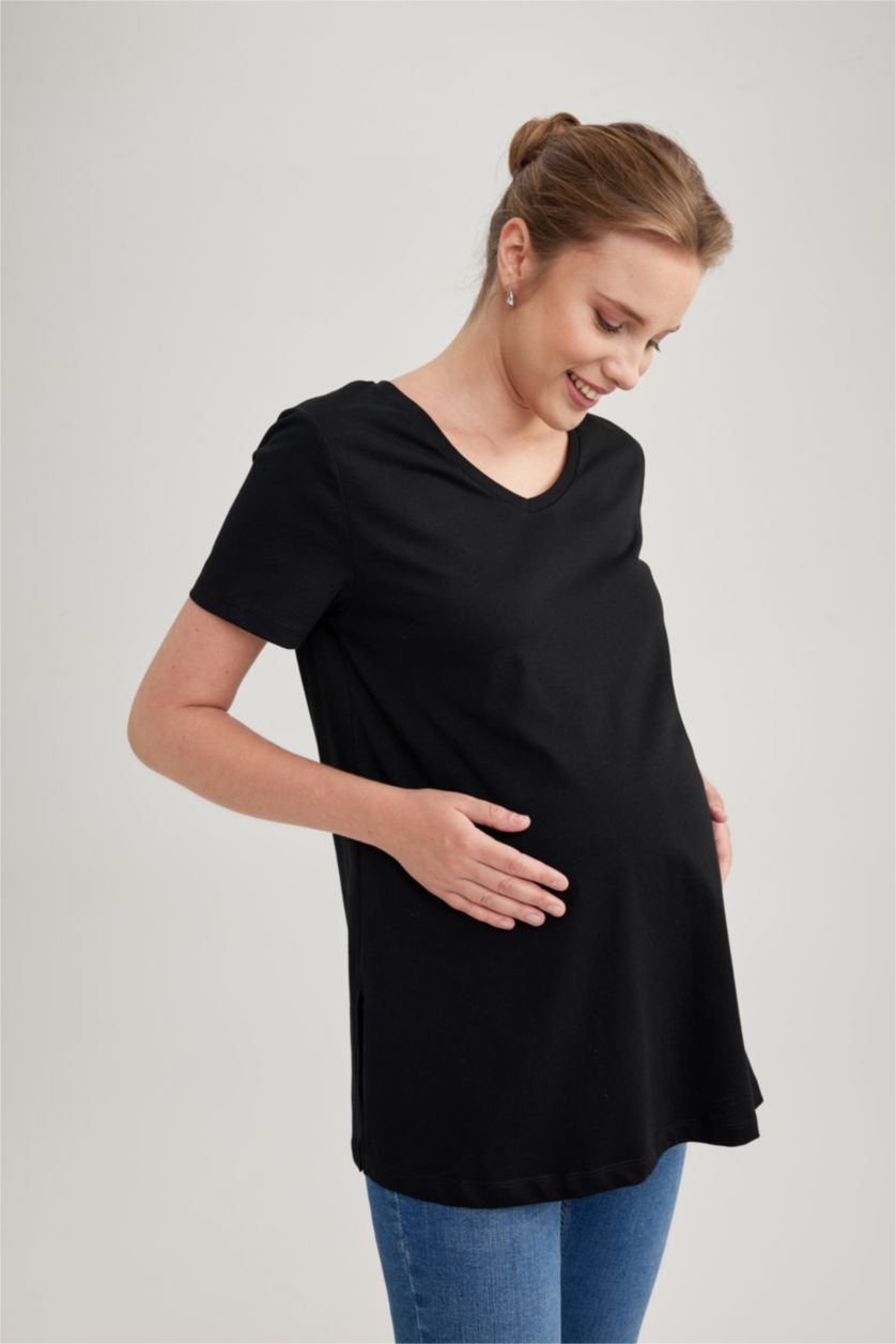 Kadın Siyah Regular Fit Kısa Kollu %100 Pamuk Hamile Tişört