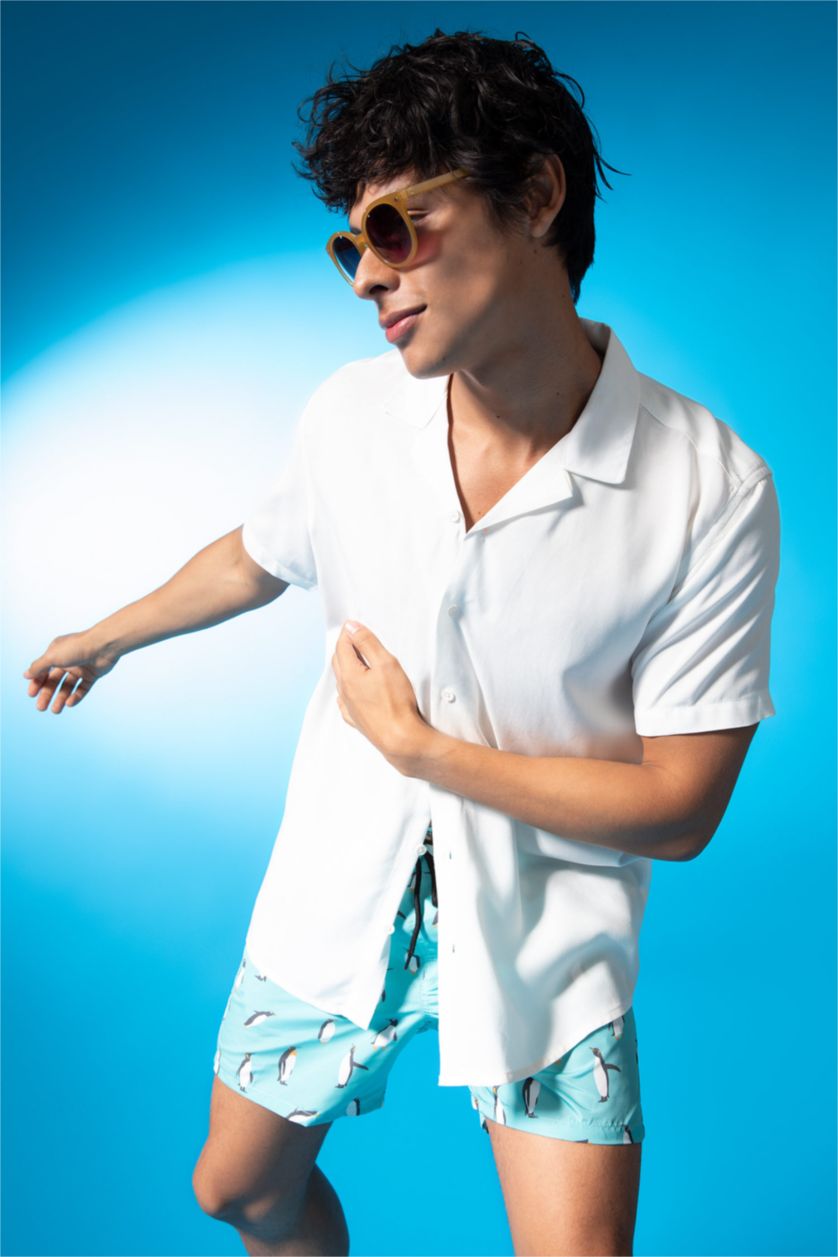 HOMME Écru Chemise basique à manches courtes en viscose coupe standard