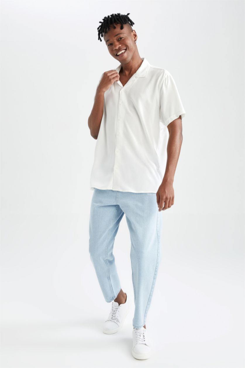 HOMME Écru Chemise basique à manches courtes en viscose coupe standard