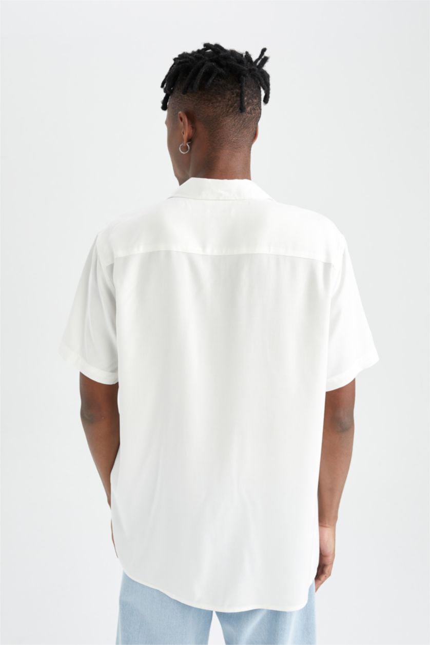 HOMME Écru Chemise basique à manches courtes en viscose coupe standard