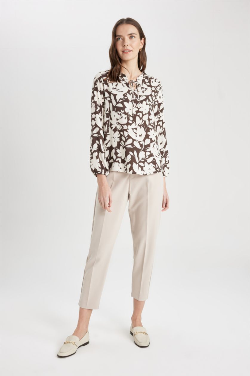 Woman Brown Regular Fit Crew Neck Long Sleeve Blouse