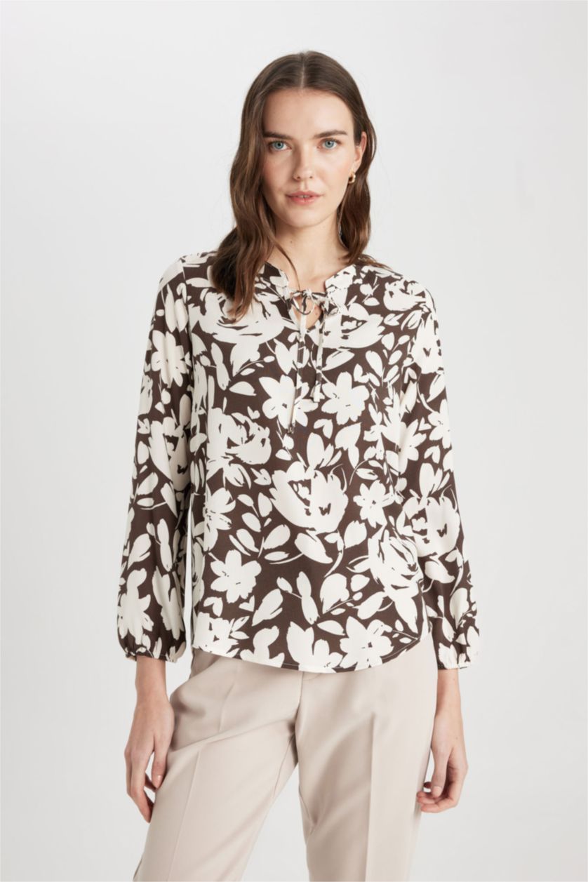 Woman Brown Regular Fit Crew Neck Long Sleeve Blouse