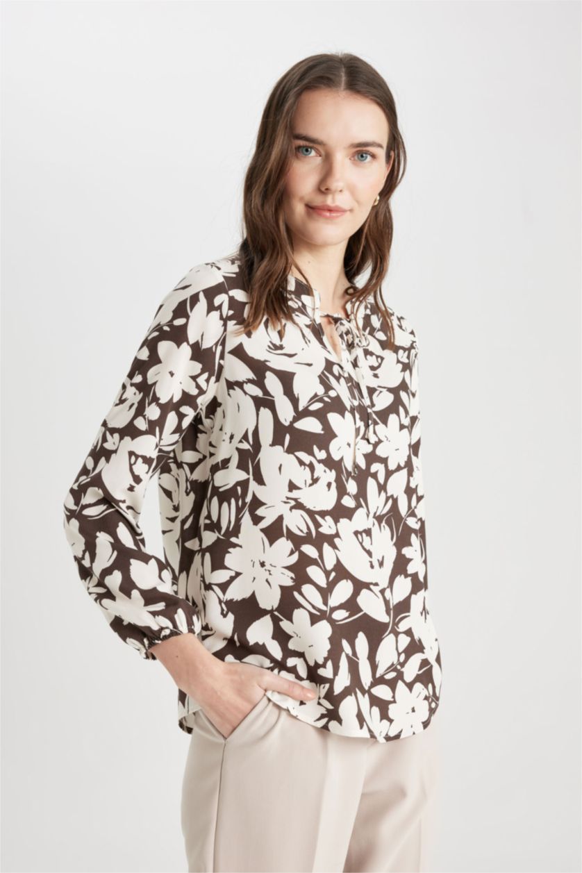 Woman Brown Regular Fit Crew Neck Long Sleeve Blouse