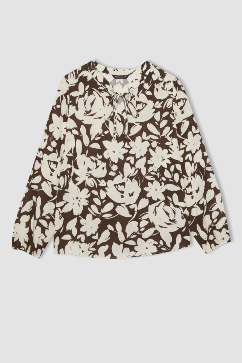 Woman Brown Regular Fit Crew Neck Long Sleeve Blouse