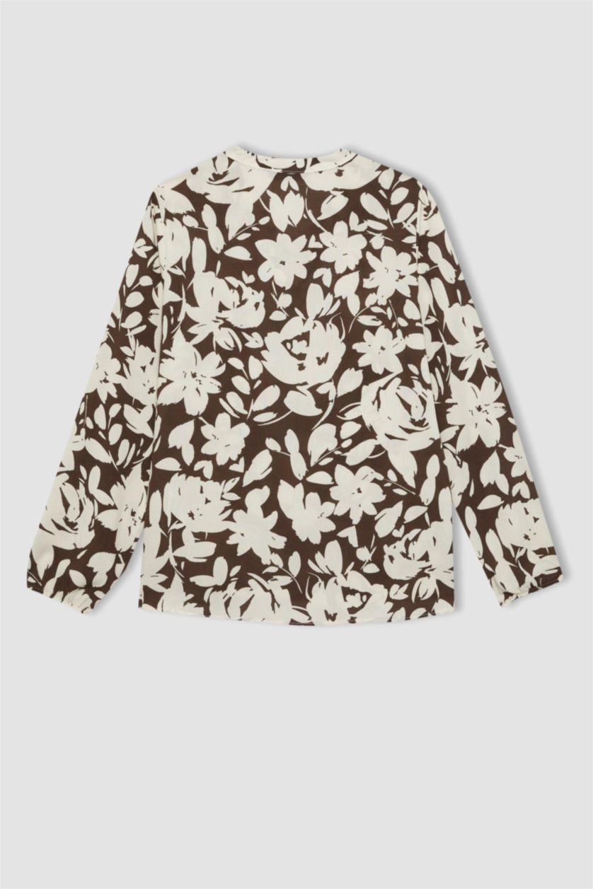 Woman Brown Regular Fit Crew Neck Long Sleeve Blouse