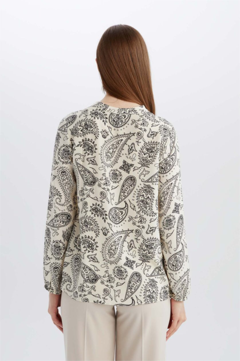 نساء أسود بلوزة كم طويل مطبوعة قصة عادية بياقة مستديرة