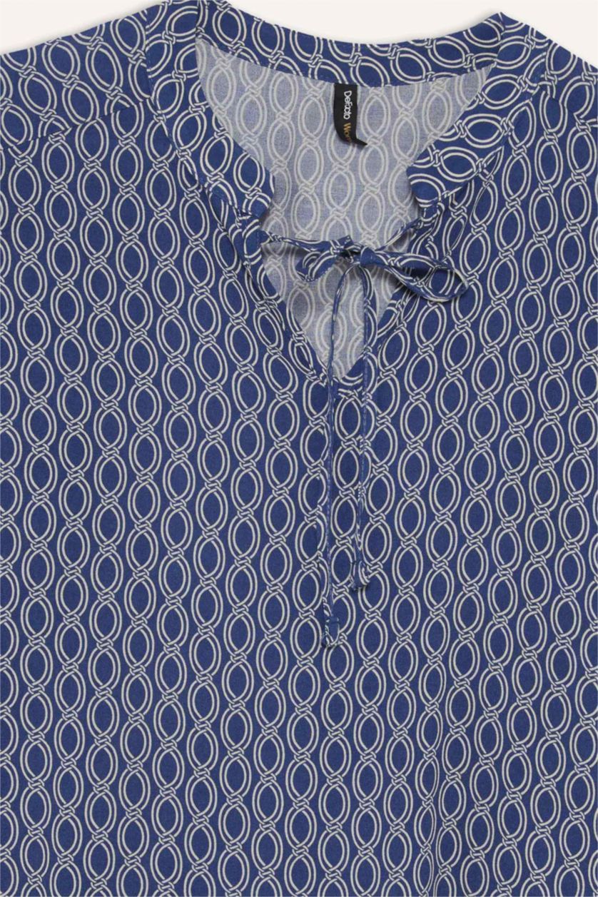 Kadın İndigo Regular Fit Bağcıklı Yaka Desenli Uzun Kollu Bluz