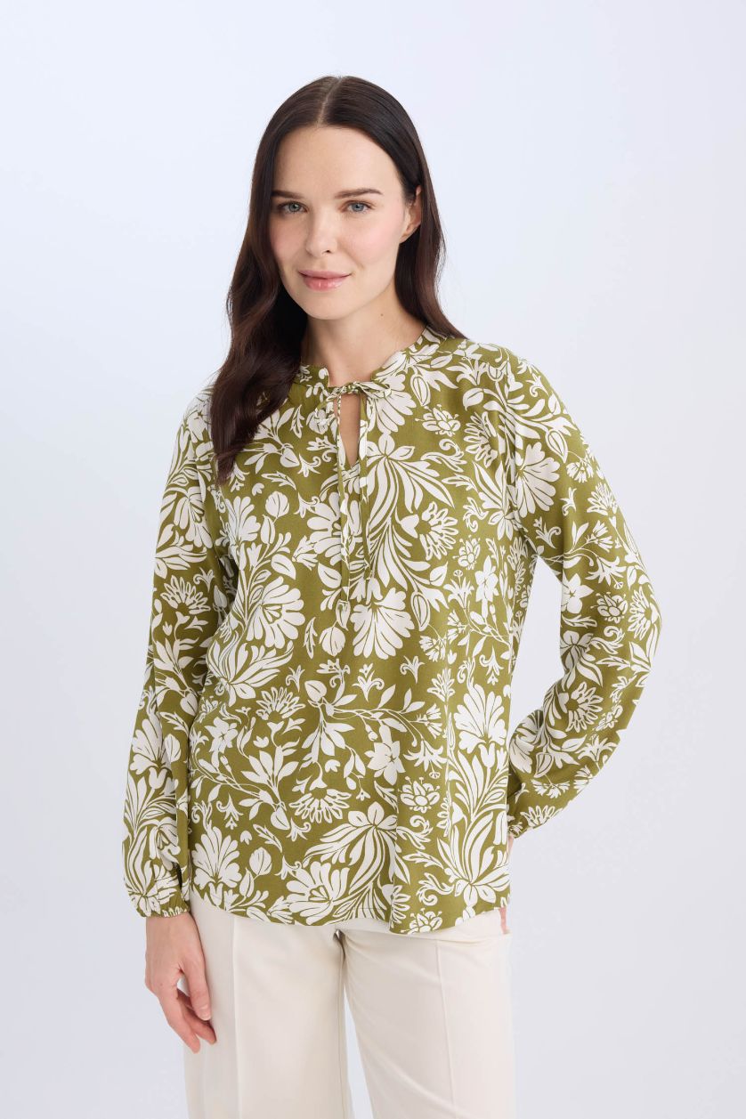 WOMAN Khaki Regular Fit Crew Neck Printed Long Sleeve Blouse