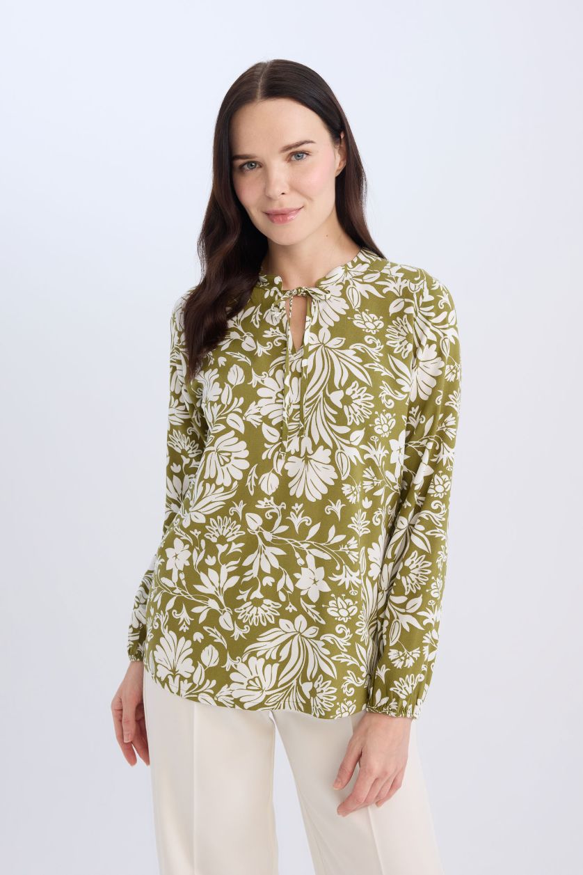 WOMAN Khaki Regular Fit Crew Neck Printed Long Sleeve Blouse