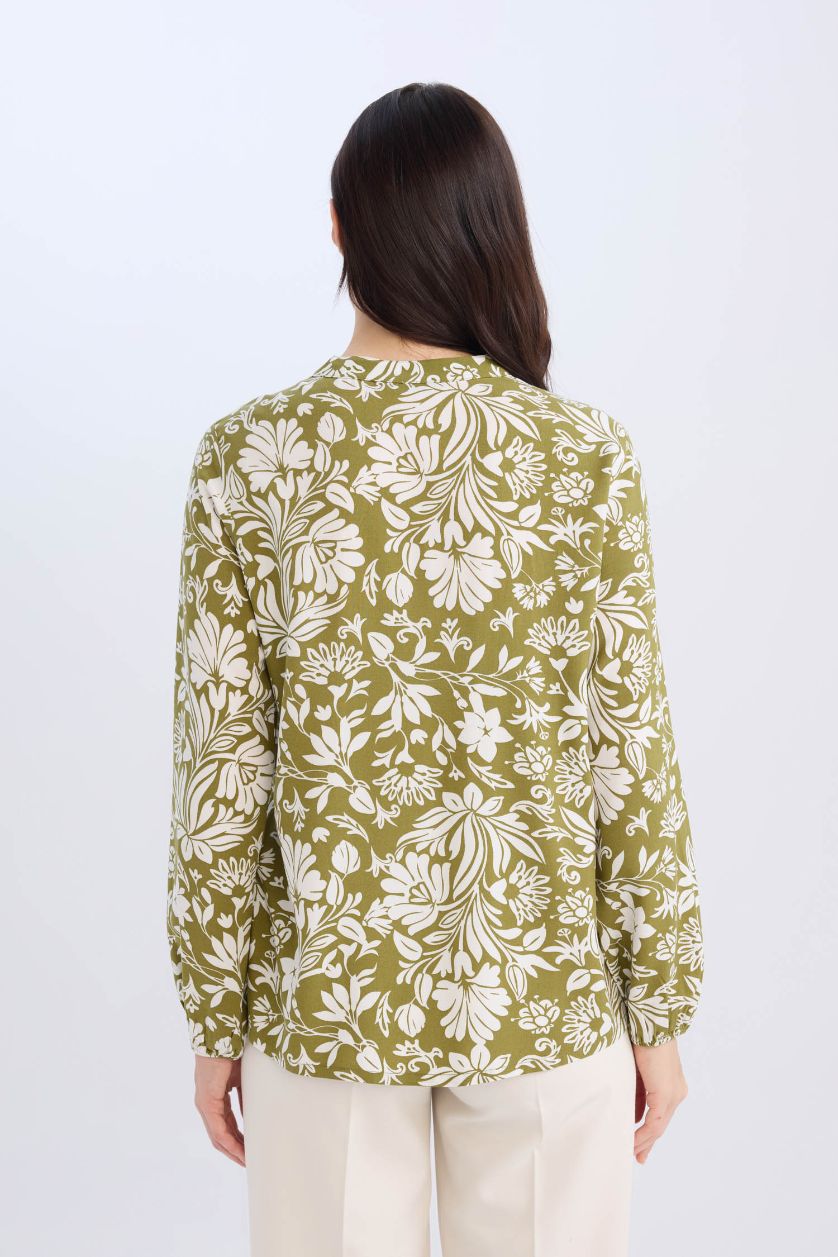 WOMAN Khaki Regular Fit Crew Neck Printed Long Sleeve Blouse