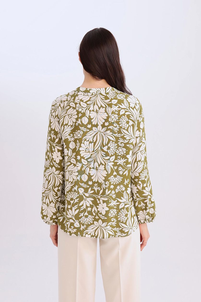 نساء كاكي داكن بلوزة ردن طويل قصة عادية بياخة مستديرة