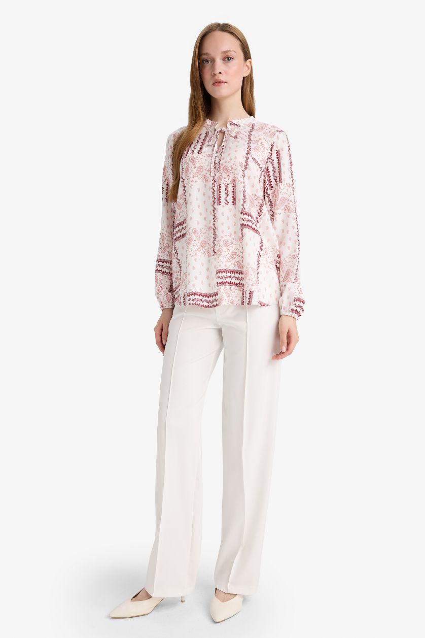 Woman Pink Regular Fit Crew Neck Printed Long Sleeve Blouse