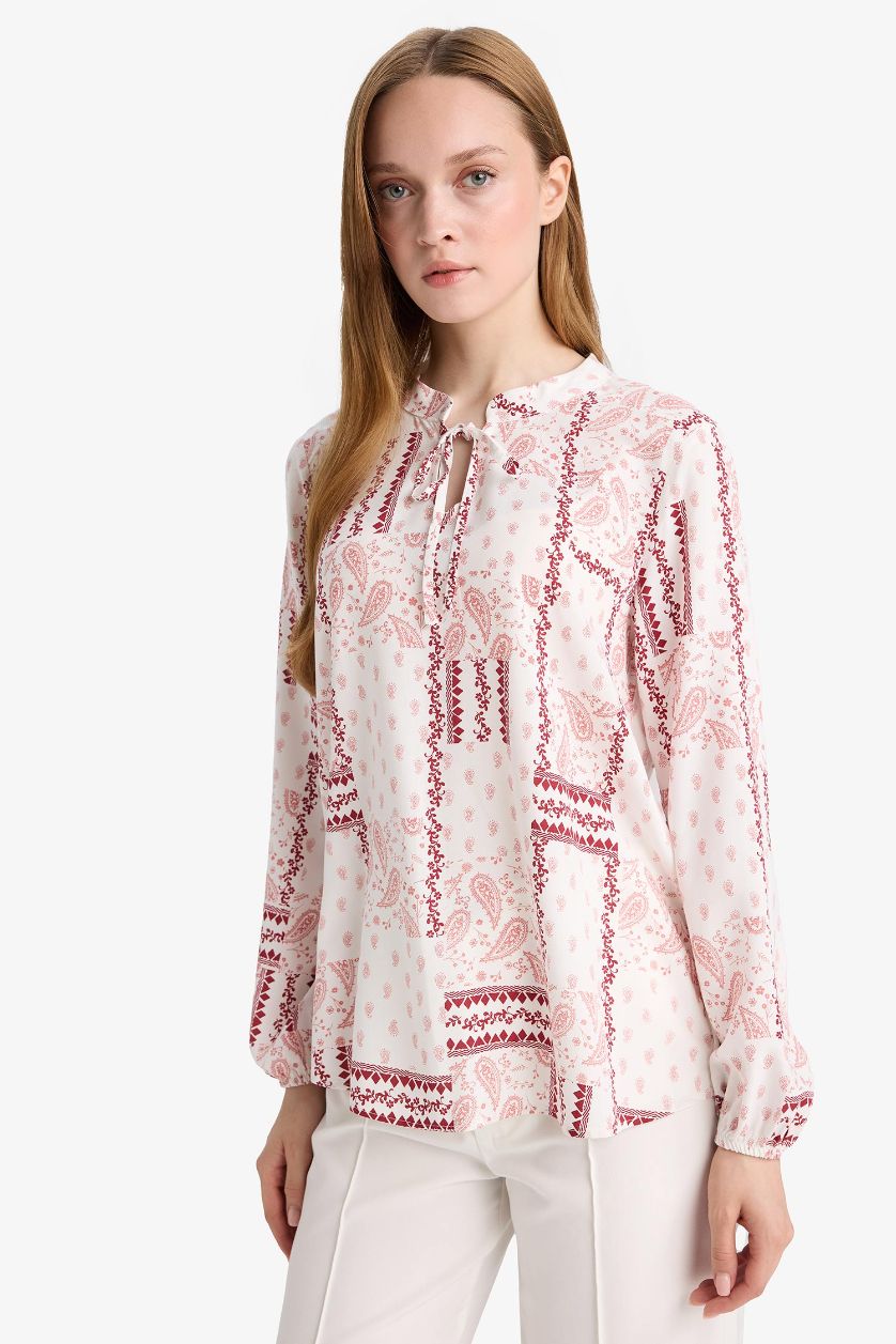 Woman Pink Regular Fit Crew Neck Printed Long Sleeve Blouse