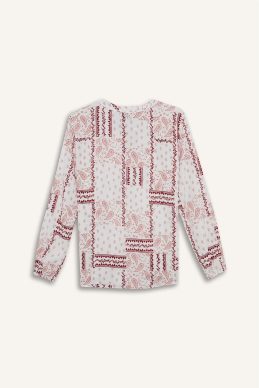 Woman Pink Regular Fit Crew Neck Printed Long Sleeve Blouse