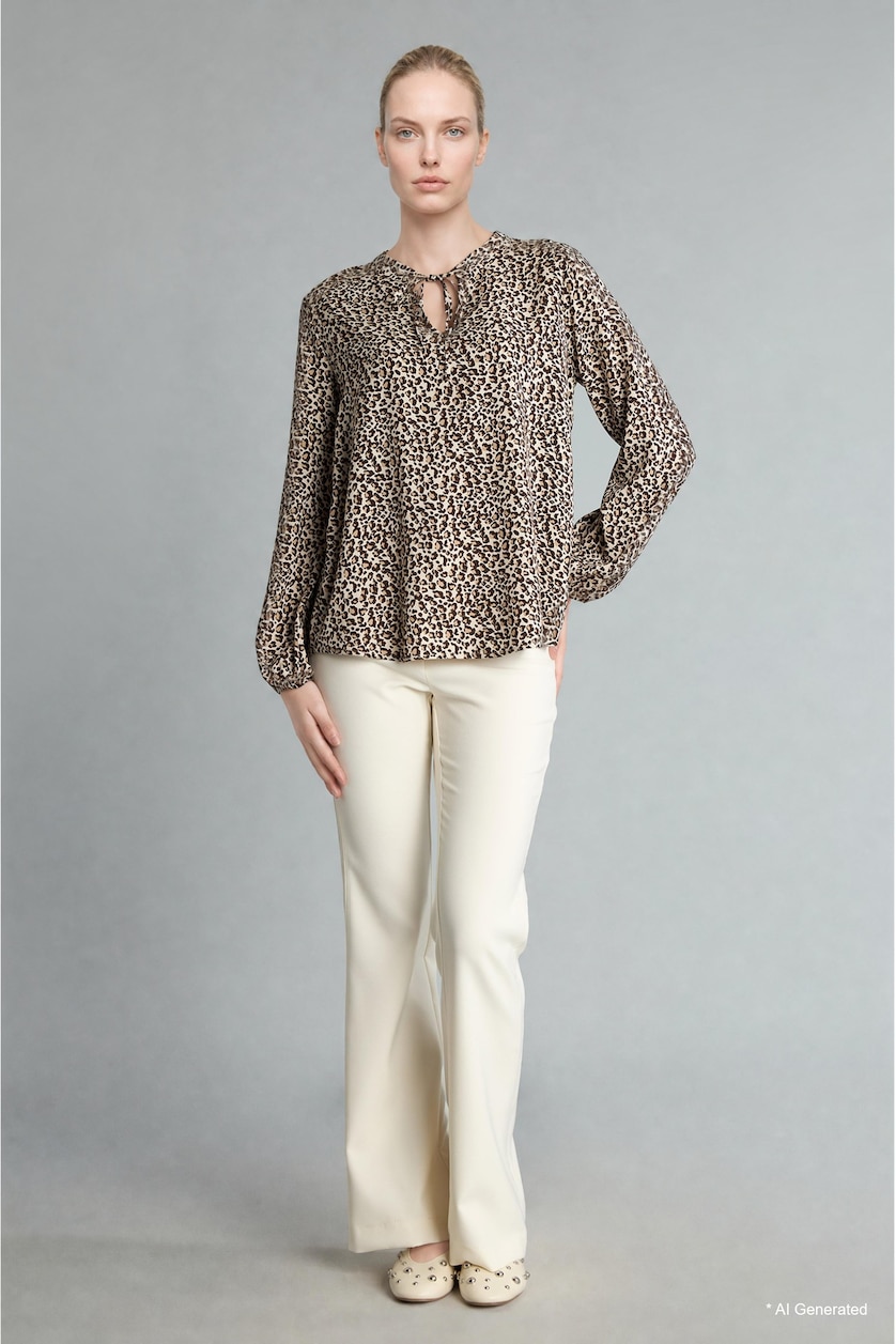 Women Brown Regular Fit Tie-Up Crew Neck Leopard Print Blouse