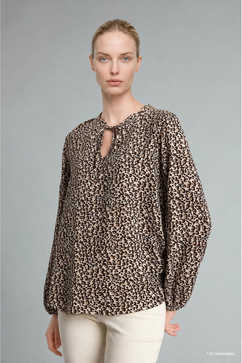 Women Brown Regular Fit Tie-Up Crew Neck Leopard Print Blouse