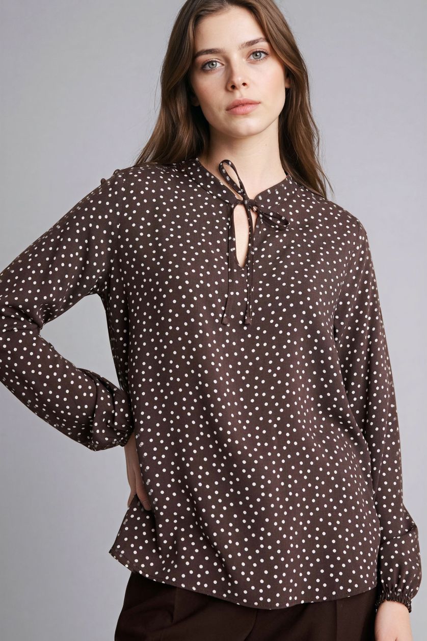 Woman Brown Regular Fit Crew Neck Printed Long Sleeve Blouse