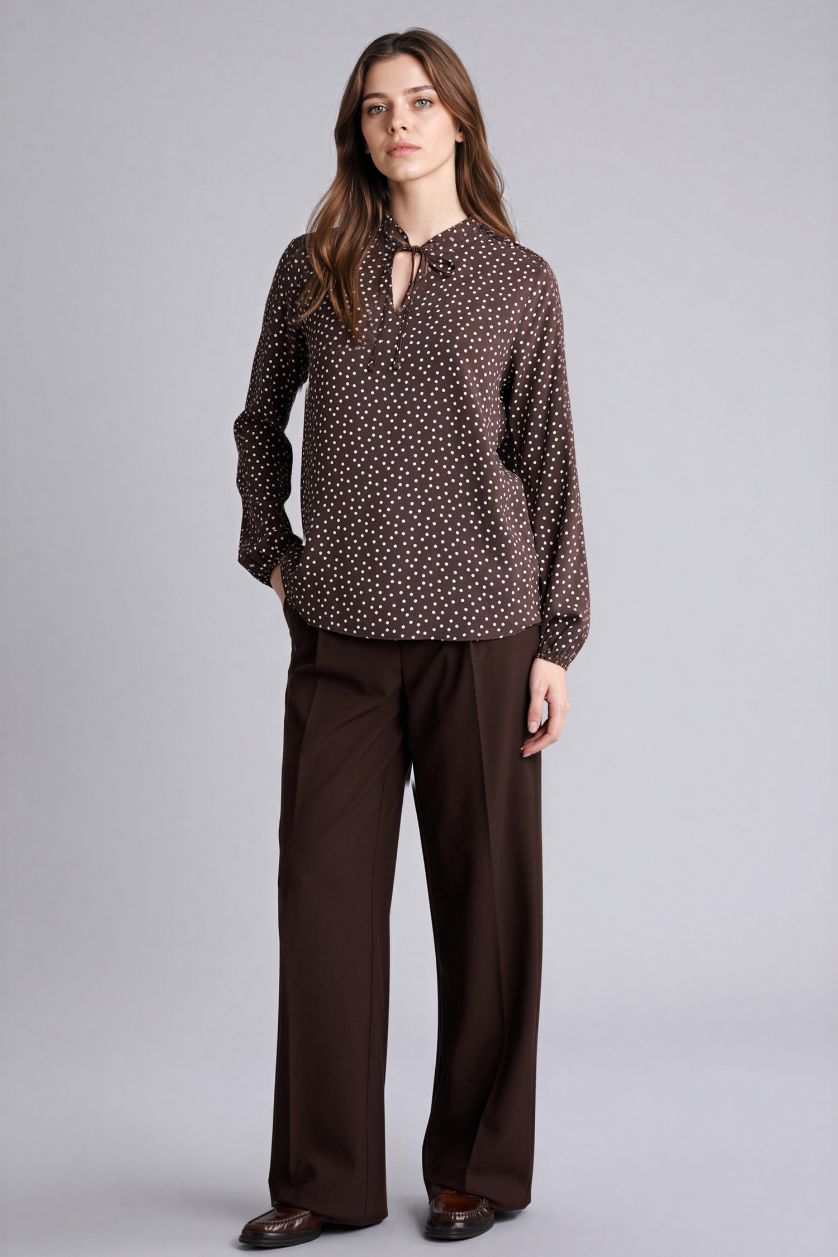 Woman Brown Regular Fit Crew Neck Printed Long Sleeve Blouse