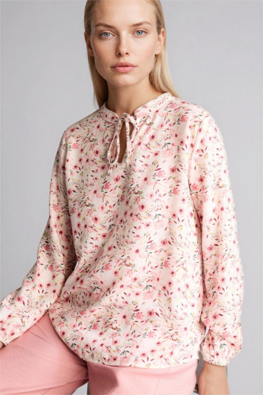 Kadın Bordo Regular Fıt Bisiklet Yaka Baskılı Uzun Kollu Bluz